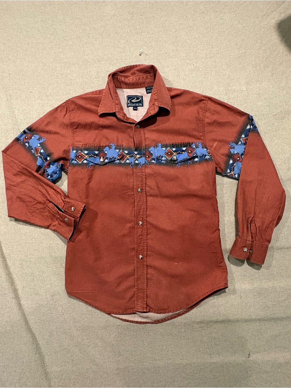 Roper Rust Southwestern-Trim-Youth12-14 Large Snap Up Shirt Aztec Horse Western